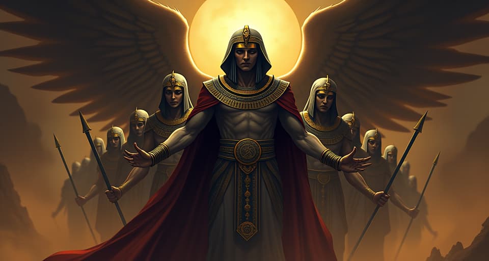  commanding figure with spectral warriors at their back, historical power, mood of unyielding resolve and strength against darkness. the style is digital art illustration / modern comic book / mysterious occult, symbolic, esoteric vibe,high detail on character design, incorporating ancient egyptian symbology and attire.