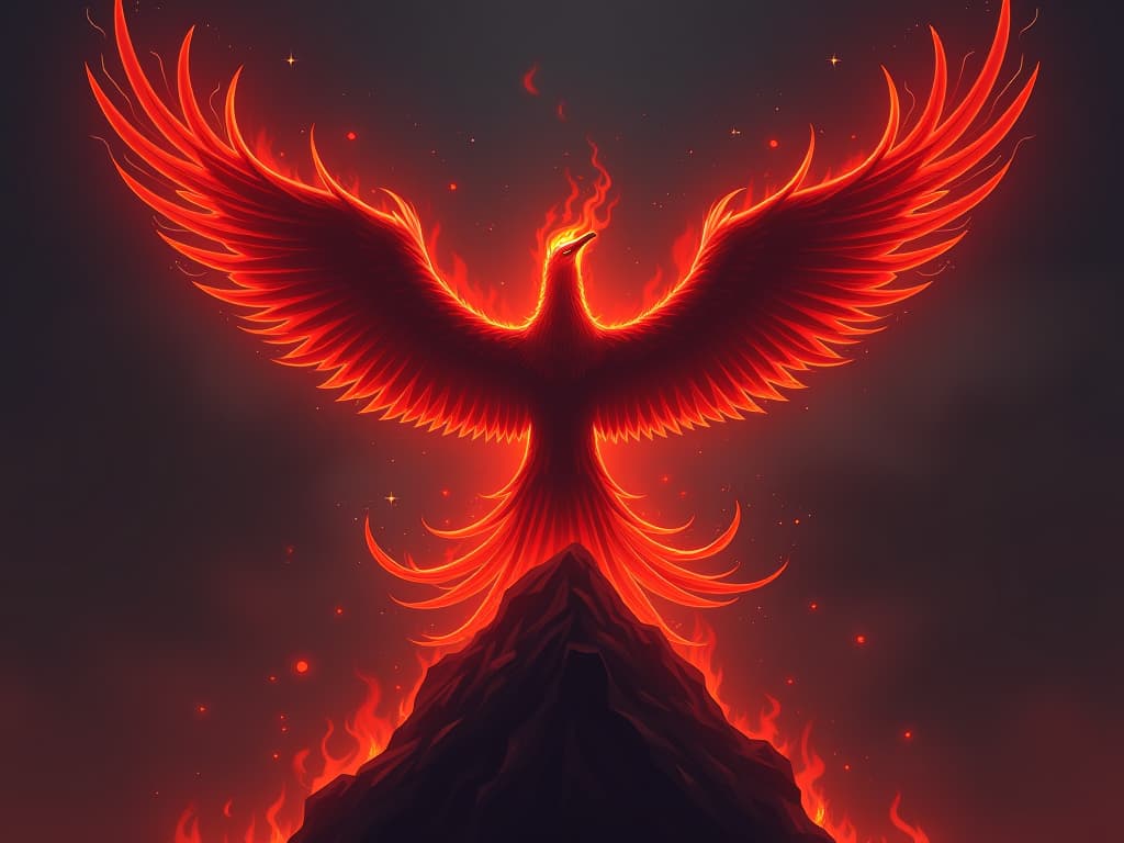  phoenix rising from flames, feathers glowing red, dark sky, aura of rebirth and transformation, dramatic and powerful energy. the style is digital art illustration / modern comic book / graphic dark novel fantasy and mysterious occult, symbolic, moody lighting, esoteric vibe,high detail on character design. for the color scheme emphasize blacks and reds.