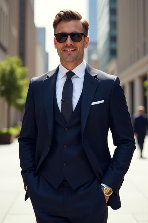  a sophisticated gentleman standing confidently in an urban setting, dressed in a tailored navy suit with a crisp white shirt and a stylish tie. he has short, neatly styled brown hair and is wearing sleek brown sunglasses that reflect the cityscape. the background features a bustling city street, with modern architecture and hints of greenery, adding to the elegant atmosphere. the sunlight casts a warm glow, highlighting his polished shoes and the subtle details of his outfit, such as an elegant watch and a pocket square, embodying a sense of luxury and refinement.