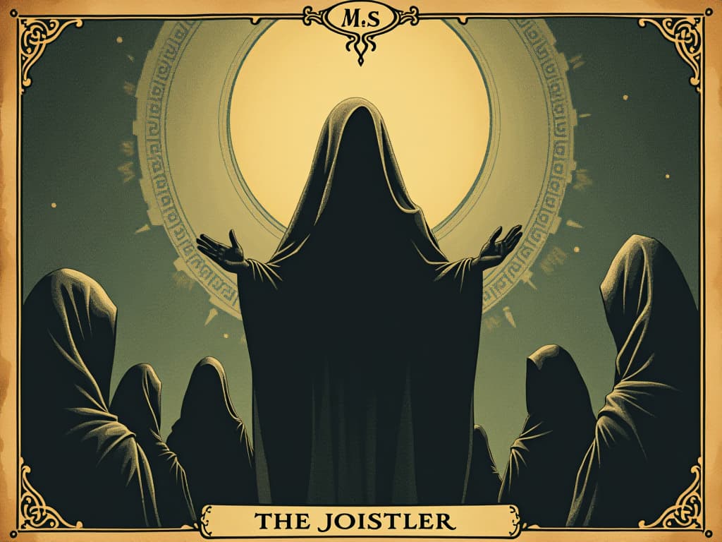  figure with a protective barrier, ethereal wall of light, shadowy figures outside, frustrated expressions, guarded boundaries, untouchable. an illustration in the style of a worn, mystical old tarot trump card, mysterious and elements of surrealism. the colors are muted, somber and eerie, but with contrast bring out an occult and esoteric vibe.