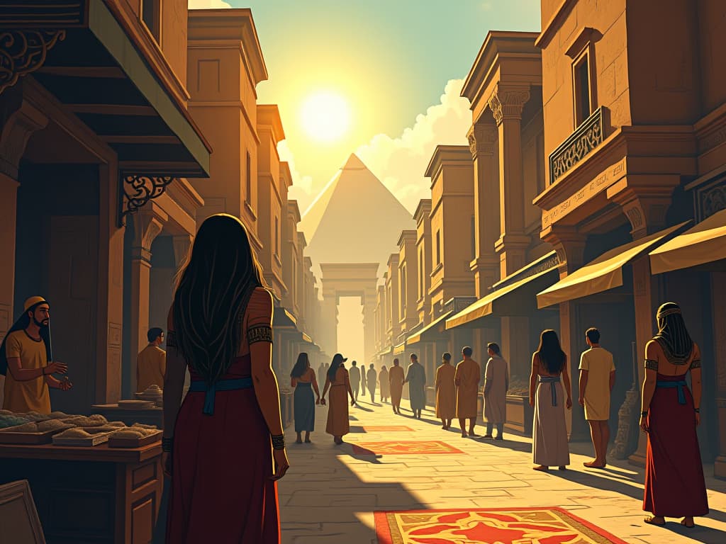  ancient egyptian market scene, a person pausing in reflection amidst bustling activity, considering paths and choices, atmosphere of contemplation and resonance with true self. the style is digital art illustration / modern comic book / mysterious occult, symbolic, esoteric vibe,high detail on character design, incorporating ancient egyptian symbology and attire.