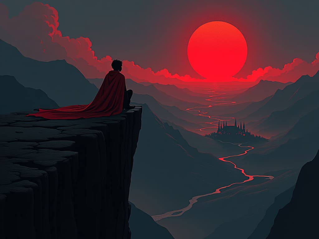  person in red, sitting on the edge of a cliff, looking at a distant village, feeling of alienation. the style is digital art illustration / modern comic book / graphic dark novel fantasy and mysterious occult, symbolic, moody lighting, esoteric vibe,high detail on character design. for the color scheme emphasize blacks and reds.