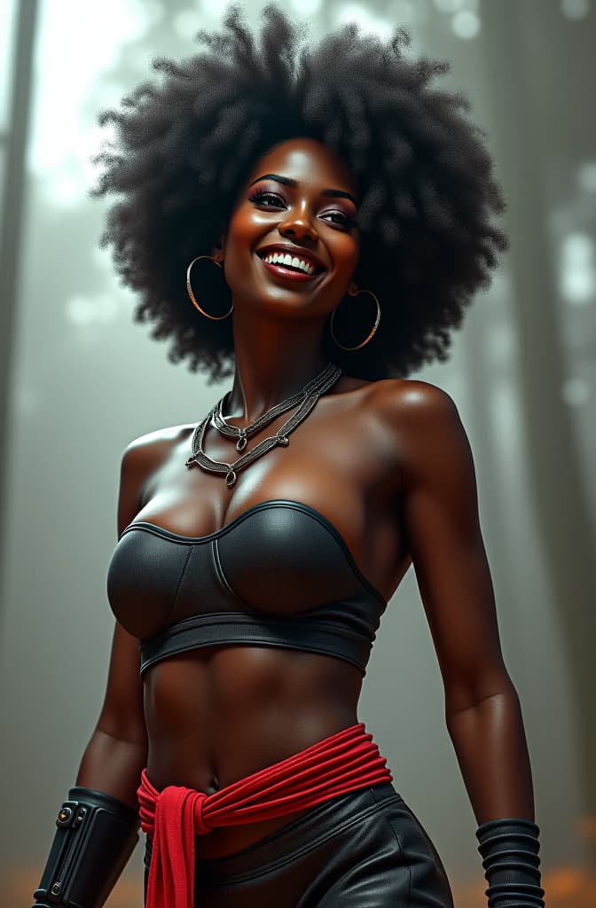  uma mulher afro de corpo forte, cabelos ondulados e com covinhas e bochechas gordinhas e soltando um sorriso , portrait, cyberpunk, hyper detailed, digital art, trending in artstation, cinematic lighting, studio quality, smooth render, unreal engine 5 rendered, octane rendered, art style by klimt and nixeu and ian sprigger and wlop and krenz cushart hyperrealistic, full body, detailed clothing, highly detailed, cinematic lighting, stunningly beautiful, intricate, sharp focus, f/1. 8, 85mm, (centered image composition), (professionally color graded), ((bright soft diffused light)), volumetric fog, trending on instagram, trending on tumblr, HDR 4K, 8K