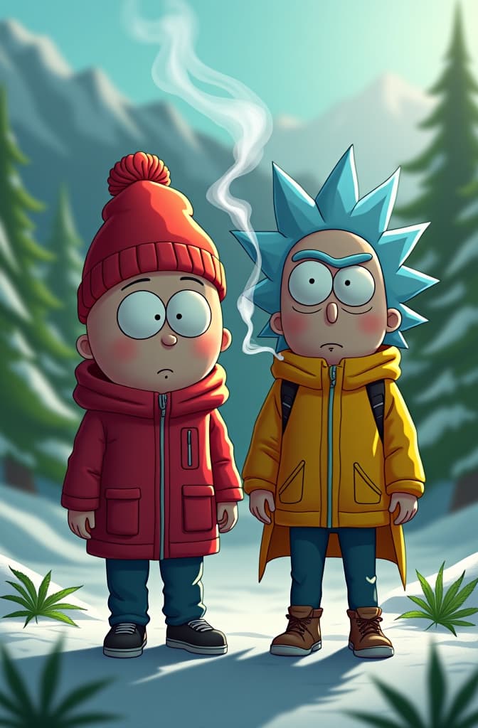  puedes dibujar a toallin de "southpark" junto a rick sanchez de "rick and morty" fumando marihuana? hyperrealistic, full body, detailed clothing, highly detailed, cinematic lighting, stunningly beautiful, intricate, sharp focus, f/1. 8, 85mm, (centered image composition), (professionally color graded), ((bright soft diffused light)), volumetric fog, trending on instagram, trending on tumblr, HDR 4K, 8K