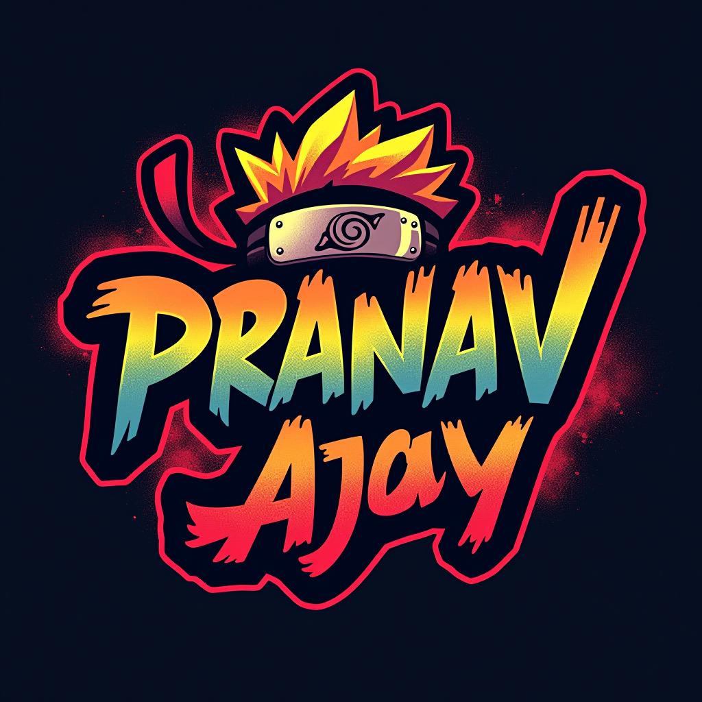  graffiti art style, create a logo, using photoshop style effects. the logo should prominently feature the text 'pranav ajay' in a dynamic, anime inspired font. incorporate elements and motifs from anime naruto, such as the sharingan or naruto’s headband, but ensure the design is unique and original. the color scheme should be bold and vibrant, reflecting the energy and style of the anime, dynamic, dramatic, vibrant colors, graffiti art style