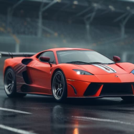 Supercar on a racetrack hyperrealistic, full body, detailed clothing, highly detailed, cinematic lighting, stunningly beautiful, intricate, sharp focus, f/1. 8, 85mm, (centered image composition), (professionally color graded), ((bright soft diffused light)), volumetric fog, trending on instagram, trending on tumblr, HDR 4K, 8K