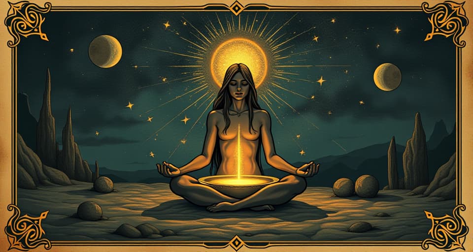  a figure in meditation, drawing light from a well of stars within, surrounded by symbols of wisdom, introspective, enlightened. an illustration in the style of a worn, mystical old tarot trump card, mysterious and elements of surrealism. the colors are muted, somber and eerie, but with contrast bring out an occult and esoteric vibe.