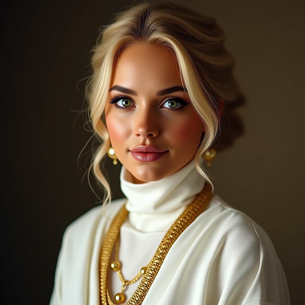  make an image of a blonde woman with tan olive skin and green eyes dressed in a white abaya with a turtleneck wearing gold jewelry with an updo