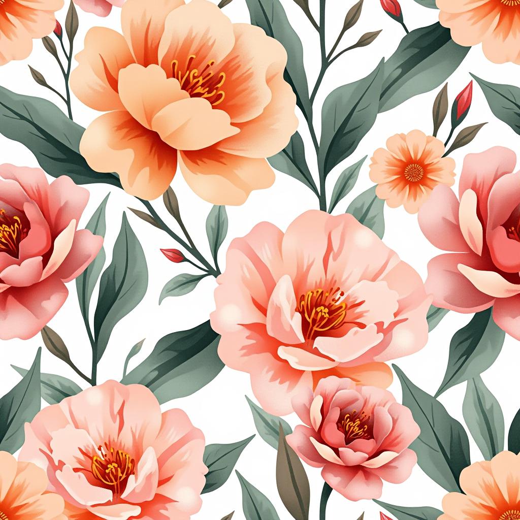  create a seamless digital design featuring a pattern of large, beautiful flowers with soft, watercolor like effects. the flowers should cover the entire surface, creating a bold, elegant, and continuous look. the overall style should be light and airy, with delicate leaves and petals to enhance the natural, floral theme. the design should be seamless to ensure it can be used in repeating patterns or wraps.