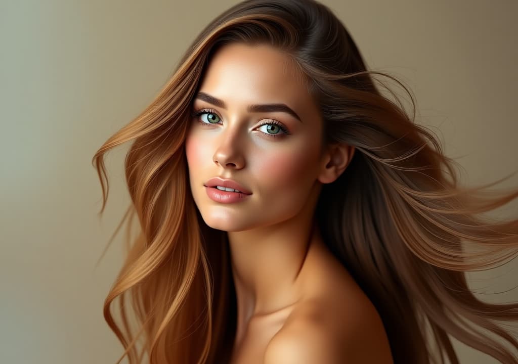  elegant woman with beautiful flowing hair, natural beauty, glowing skin, serene expression, studio shot, daytime, hair care concept, beauty and wellness theme, high quality, high details, hd, perfect composition, 4k epic detailed, highly detailed, sharp focus, high resolution