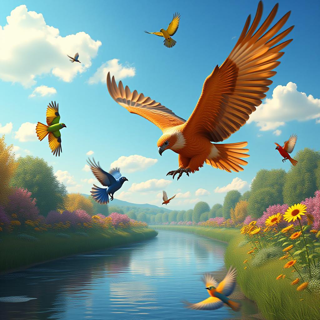  a bright sunny day in spring with a clear blue sky and fluffy white clouds. in the foreground, a big, round orange eagle named oliver soars gracefully, performing loops and twirls high above. his vibrant orange feathers shimmer in the sunlight, creating a stunning display as he flies. below him, colorful parrots in hues of green, yellow, and red hover with wide eyes filled with awe, watching his aerial performance. nearby, bella, the tiny bluebird with glossy blue feathers, flutters mid air, dancing cheerfully alongside the excitement. the peaceful, crystal clear river flows calmly beneath them, reflecting the colors of their feathers and the vibrant wildflowers, in shades of pink, yellow, and purple, lining the bank, contributing to the li hyperrealistic, full body, detailed clothing, highly detailed, cinematic lighting, stunningly beautiful, intricate, sharp focus, f/1. 8, 85mm, (centered image composition), (professionally color graded), ((bright soft diffused light)), volumetric fog, trending on instagram, trending on tumblr, HDR 4K, 8K