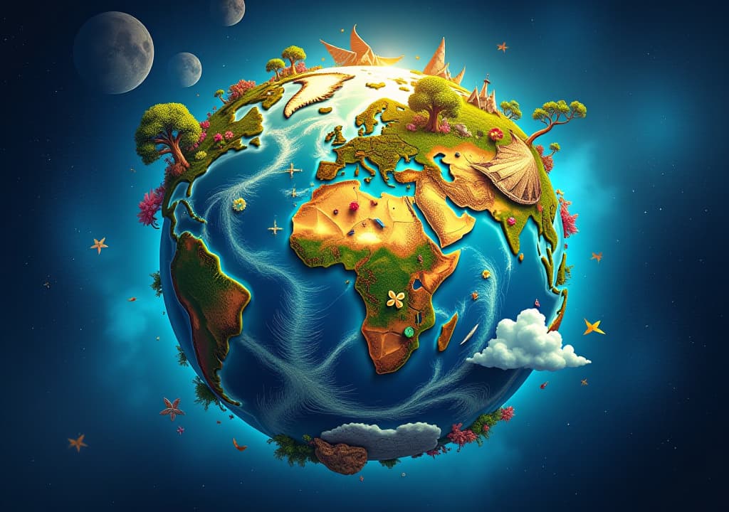  a colorful and vibrant image of planet earth, with various elements of nature, such as trees, animals, and flowers