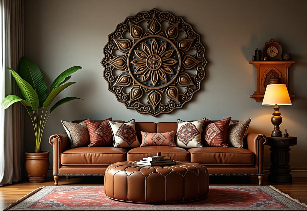  a landscape photo of a bohemian living room featuring a large, ornate moroccan inspired metal wall sculpture, complemented by richly patterned throw pillows and a vintage leather pouf hyperrealistic, full body, detailed clothing, highly detailed, cinematic lighting, stunningly beautiful, intricate, sharp focus, f/1. 8, 85mm, (centered image composition), (professionally color graded), ((bright soft diffused light)), volumetric fog, trending on instagram, trending on tumblr, HDR 4K, 8K