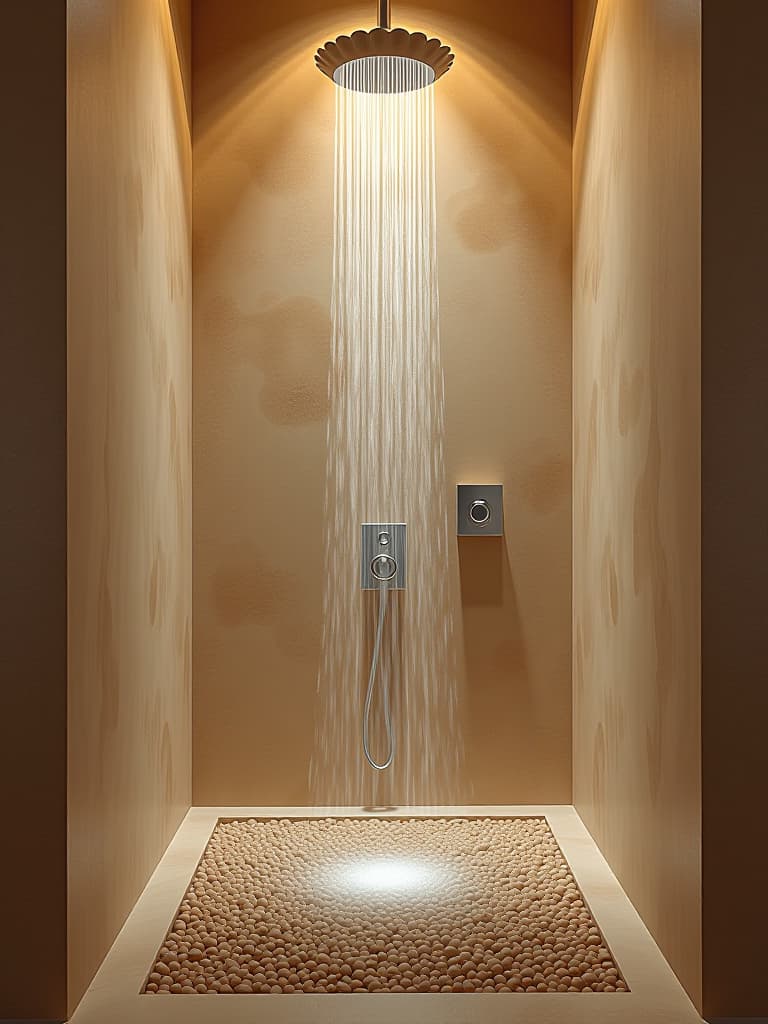  high quality portrait photo of a walk in shower with walls textured like sand dunes, featuring a pebble floor and a rainfall showerhead shaped like a large seashell hyperrealistic, full body, detailed clothing, highly detailed, cinematic lighting, stunningly beautiful, intricate, sharp focus, f/1. 8, 85mm, (centered image composition), (professionally color graded), ((bright soft diffused light)), volumetric fog, trending on instagram, trending on tumblr, HDR 4K, 8K