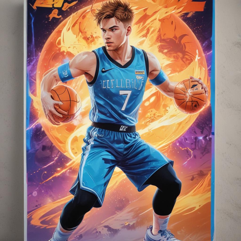 distance-shot, flashy, full-body, dynamic, holographic, animated cartoon poster of luka doncic in the style of dragon ball super