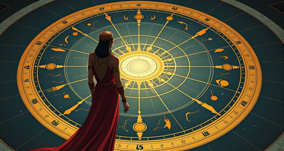  an intricate cosmic map, showing paths and constellations, with a large busted keeper in tight ceremonial attire, understanding the celestial order. the style is digital art illustration / modern comic book / mysterious occult, symbolic, esoteric vibe,high detail on character design, incorporating ancient egyptian symbology and attire.