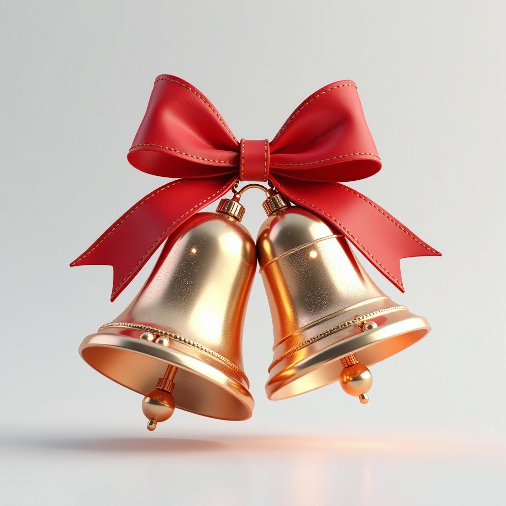  epic realistic, hyperdetailed, (cycles render:1.3), caustics, (glossy:0.58), (artstation:0.82),christmas bells with red bow on solid white background, pastel colors