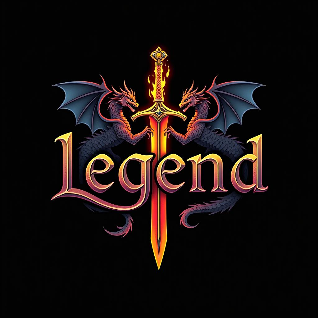  design a logo, custom sticker design on an isolated black background with the words ‘legend’ in bold font decorated by mythical dragons and a flaming sword