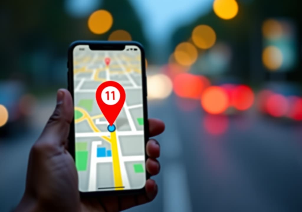  point on smartphone with gps navigator icon and map on blur traffic road abstract background