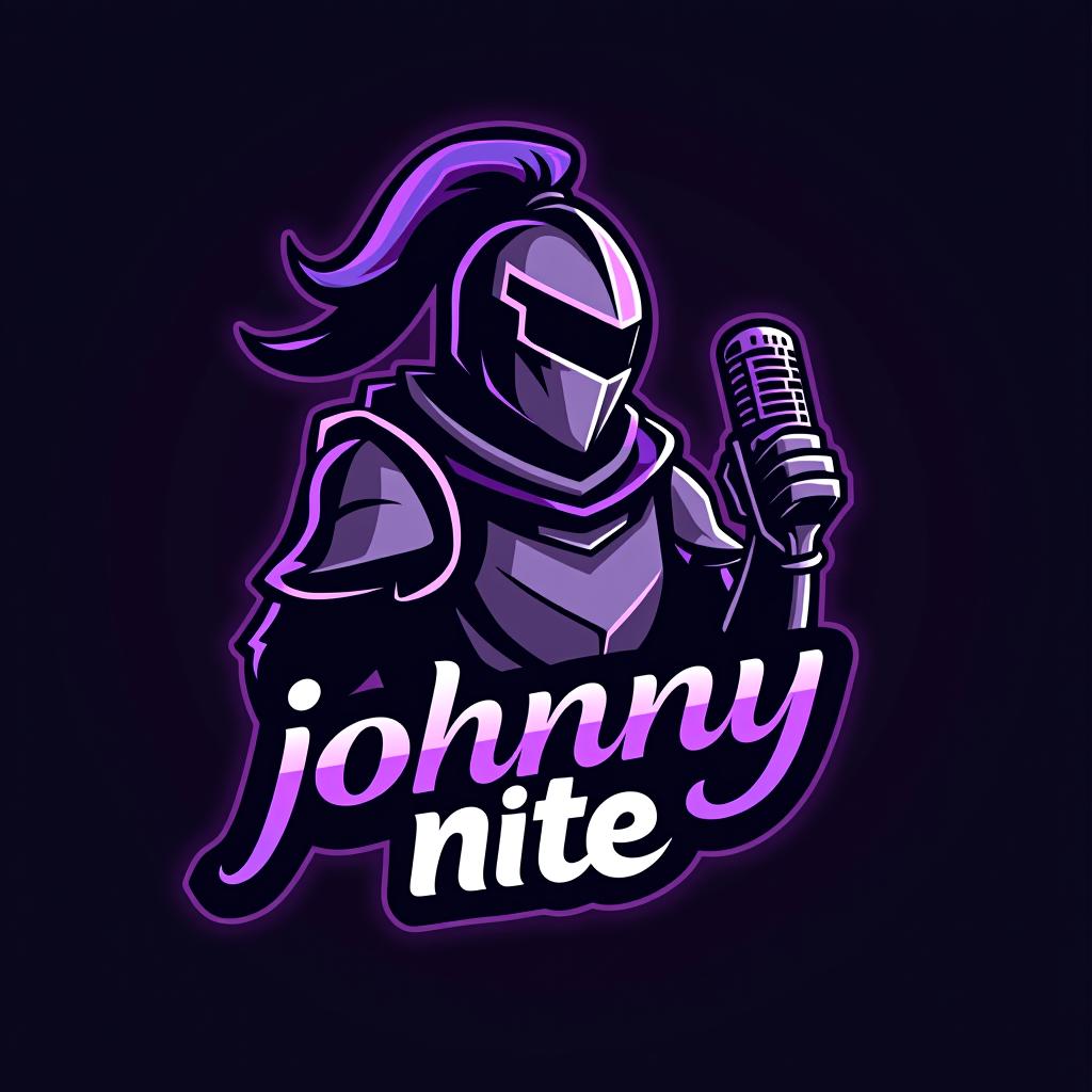  design a logo, in a origami style. knight with a gaming mic graffiti purple and black, with the text 'johnny nite'.