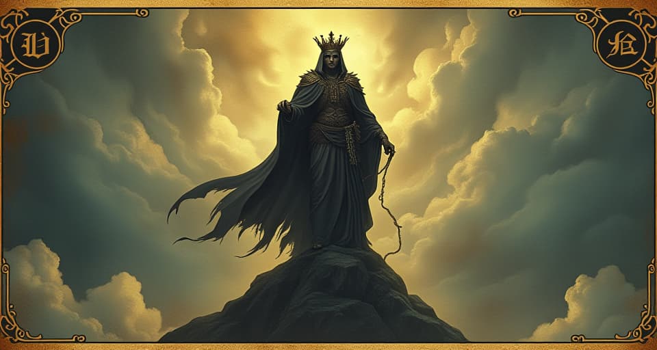  figure adorned in regal attire, standing atop a peak, powerful stance, defiant and commanding presence, crowned by the light. an illustration in the style of a worn, mystical old tarot trump card, mysterious and elements of surrealism. the colors are muted, somber and eerie, but with contrast bring out an occult and esoteric vibe.