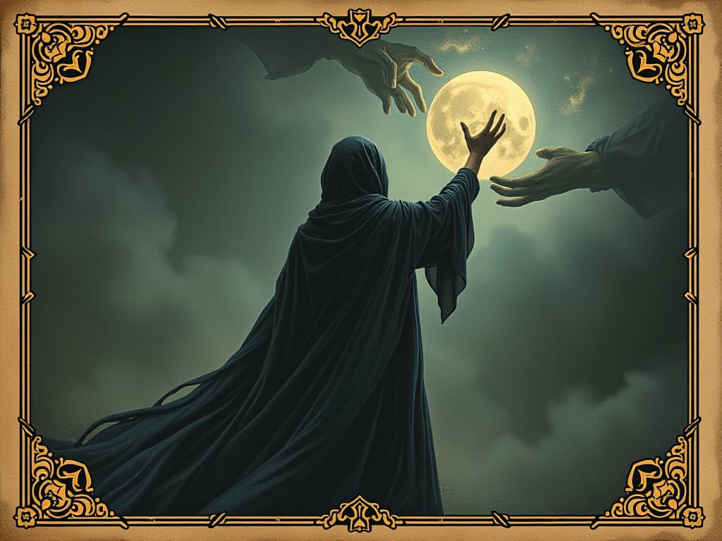  a figure interacting with ethereal visions, subtle layers of reality depicted, hands reaching out, immersive, profound. an illustration in the style of a worn, mystical old tarot trump card, mysterious and elements of surrealism. the colors are muted, somber and eerie, but with contrast bring out an occult and esoteric vibe.