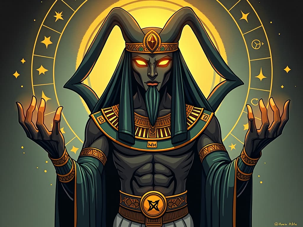  nabu with glowing eyes, surrounded by mystical symbols, foreseeing events and offering guidance. the style is digital art illustration / modern comic book / mysterious occult, symbolic, esoteric vibe,high detail on character design, incorporating ancient egyptian symbology and attire.