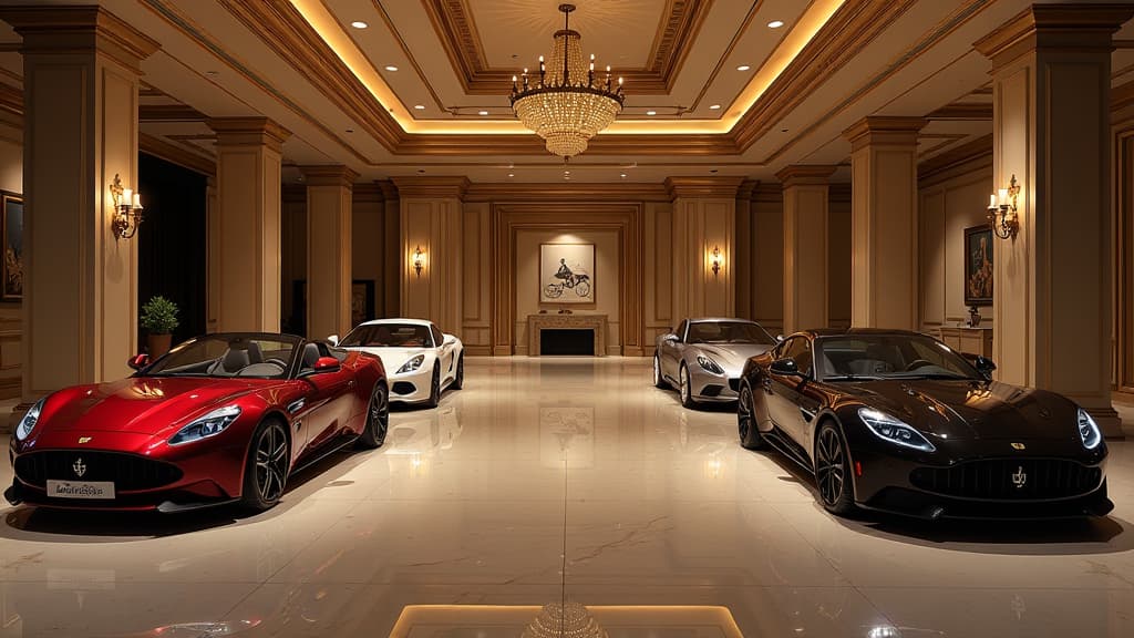  generate an ultra realistic image showcasing the essence of luxury and exclusivity at dupont registry privÉ, a private car collectors club in bahrain. the scene should include opulent private garage suites, an elegant members' lounge, and exclusive restaurants. incorporate the dupont registry and privÉ logos prominently. use dramatic lighting to highlight the luxurious atmosphere and intricate details of the upscale facilities. ensure a diverse range of high end cars in the background, reflect