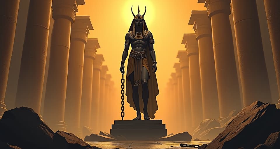  a statue of a resilient warrior, standing tall amidst ruins, a broken chain at their feet, symbolizing breaking free from underestimation, aura of triumphant comeback. the style is digital art illustration / modern comic book / mysterious occult, symbolic, esoteric vibe,high detail on character design, incorporating ancient egyptian symbology and attire.