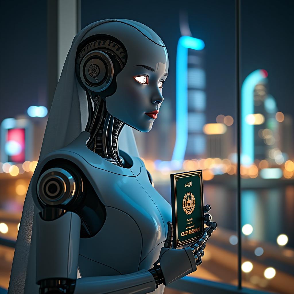  create a high quality, photorealistic image that vividly depicts the following scene: an intricately designed, realistic humanoid robot named sophia, with biologically accurate facial features, glowing eyes indicative of her artificial intelligence sparkles under the harsh, clinical light. she's posing for a picture, holding a pristine, shiny plaque which signifies her attainment of saudi arabian citizenship. the glitzy cityscape of riyadh, painted with thousands of lights, forms the backdrop behind a clear window. captured at night using sony alpha 1, f/1.4, iso 100, 1/80s, the image encapsulates the pioneering moment of ai advancement in stark, vivid clarity. the image should: focus on the specific actions, emotions, and e hyperrealistic, full body, detailed clothing, highly detailed, cinematic lighting, stunningly beautiful, intricate, sharp focus, f/1. 8, 85mm, (centered image composition), (professionally color graded), ((bright soft diffused light)), volumetric fog, trending on instagram, trending on tumblr, HDR 4K, 8K