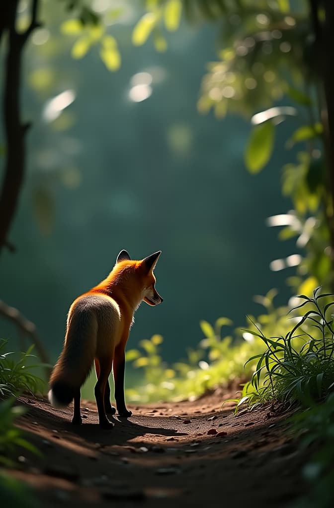  cautious fox standing at the edge of the jungle, looking towards the lion’s den from a safe distance. the fox’s fur glistens in the dappled sunlight, and his sharp eyes are focused on the ground, observing the footprints that lead into the cave. his posture is alert, and he seems ready to dart away at the first sign of danger. the background shows the dense, mysterious jungle with towering trees and thick undergrowth., realistic, portrait, art by donato giancola and greg rutkowski, realistic face, digital art, trending on artstation hyperrealistic, full body, detailed clothing, highly detailed, cinematic lighting, stunningly beautiful, intricate, sharp focus, f/1. 8, 85mm, (centered image composition), (professionally color graded), ((bright soft diffused light)), volumetric fog, trending on instagram, trending on tumblr, HDR 4K, 8K