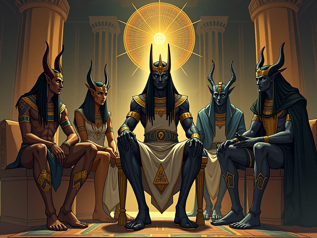  nabu, sitting in council with diverse beings, symbols of deities and mortals around, showcasing sought after wisdom. the style is digital art illustration / modern comic book / mysterious occult, symbolic, esoteric vibe,high detail on character design, incorporating ancient egyptian symbology and attire.