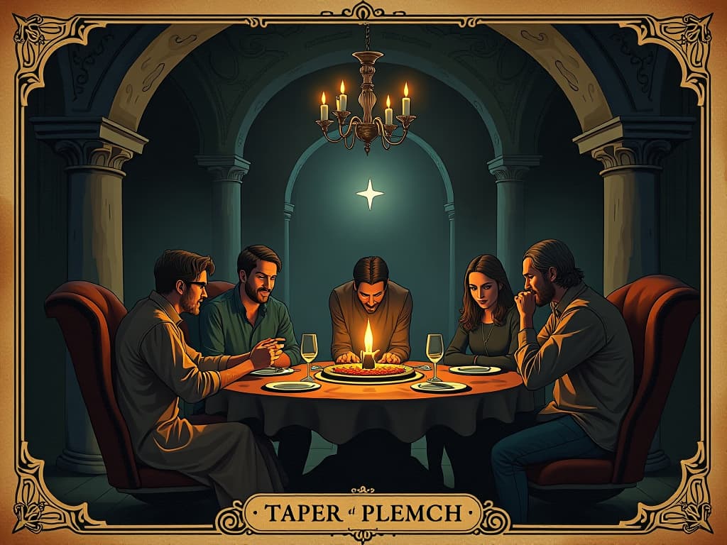  comfortable gathering, warm ambience, dimly lit, sense of peace and acceptance, welcoming atmosphere. an illustration in the style of a worn, mystical old tarot trump card, mysterious and elements of surrealism. the colors are muted, somber and eerie, but with contrast bring out an occult and esoteric vibe.