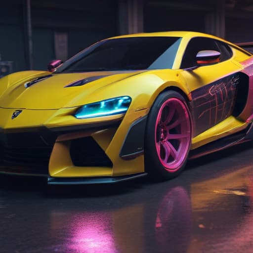 black sportcar with pink and yellow highlights, cyber punk, unkie goth, psychedelic, vibrant, colorful, intricate, highly detailed, digital painting, action shot, key visual, 8K, hyperrealistic, artstation, concept art, illustration, Unreal Engine 5, ultra high definition, visible pores, smooth, sharp focus, tilt shift, cinematic lighting, smooth, american comic book shading, dynamic ligting, high detail, intricately detailed, high contrast