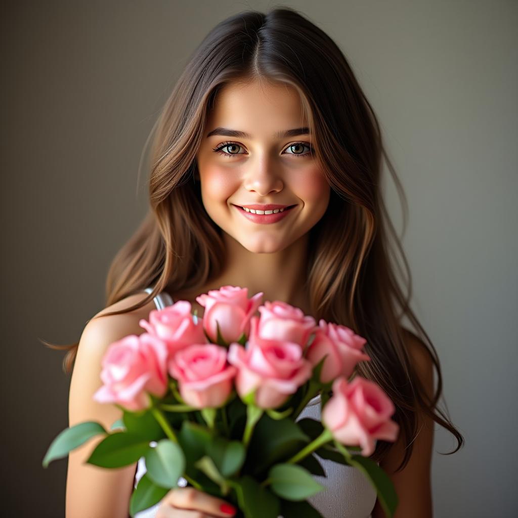  tanyusha, a brunette girl with beautiful long hair, is receiving congratulations on her birthday with a lovely bouquet of roses. you are so delicate, slender, and now a grown up young woman. i wish you all the very best: happiness, health, joy, positivity, love, and support. you are always so patient.