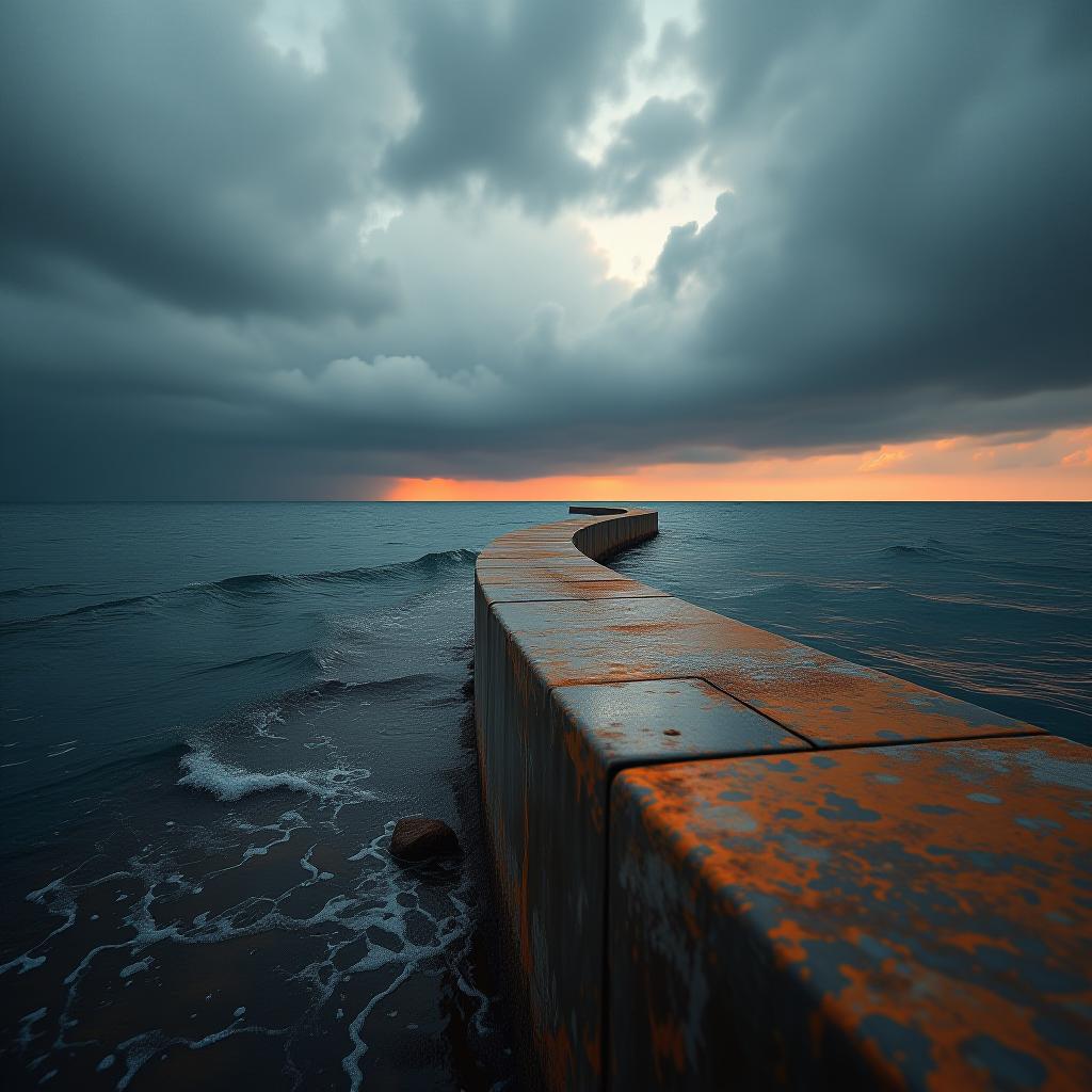  hyperrealistic art hdr foto, on concrete embankment of storm, deep orange color water in sea, grey tone sky, , curvy horizon line landscape , low angle view, 4k, artificial extremely high resolution details, photographic, realism pushed to extreme, fine texture, incredibly lifelike, award winning, professional, high dynamic range, vivid, rich details, clear shadows and highlights, realistic, intense, enhanced contrast,complex background, uhd . extremely high resolution details, photographic, realism pushed to extreme, fine texture, incredibly lifelike