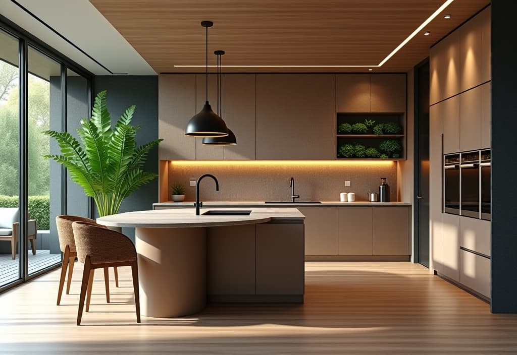  a landscape photo of a contemporary kitchen with a curved island, textured accent wall, smart appliances, and a vertical herb garden hyperrealistic, full body, detailed clothing, highly detailed, cinematic lighting, stunningly beautiful, intricate, sharp focus, f/1. 8, 85mm, (centered image composition), (professionally color graded), ((bright soft diffused light)), volumetric fog, trending on instagram, trending on tumblr, HDR 4K, 8K