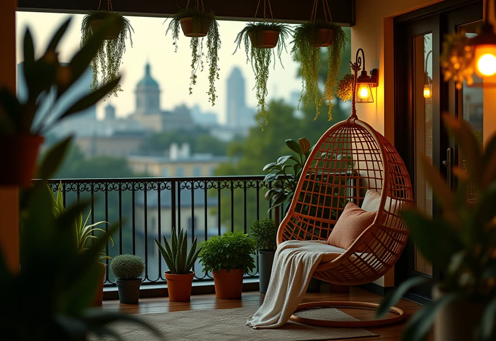  a landscape photo of a small balcony transformed into a lush urban oasis with hanging plants, a cozy rattan chair, and soft string lights creating a magical ambiance hyperrealistic, full body, detailed clothing, highly detailed, cinematic lighting, stunningly beautiful, intricate, sharp focus, f/1. 8, 85mm, (centered image composition), (professionally color graded), ((bright soft diffused light)), volumetric fog, trending on instagram, trending on tumblr, HDR 4K, 8K