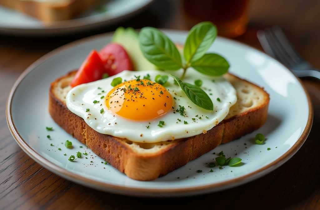  professional detailed photography, tasty breakfast egg toast ar 3:2, (muted colors, dim colors, soothing tones), (vsco:0.3)