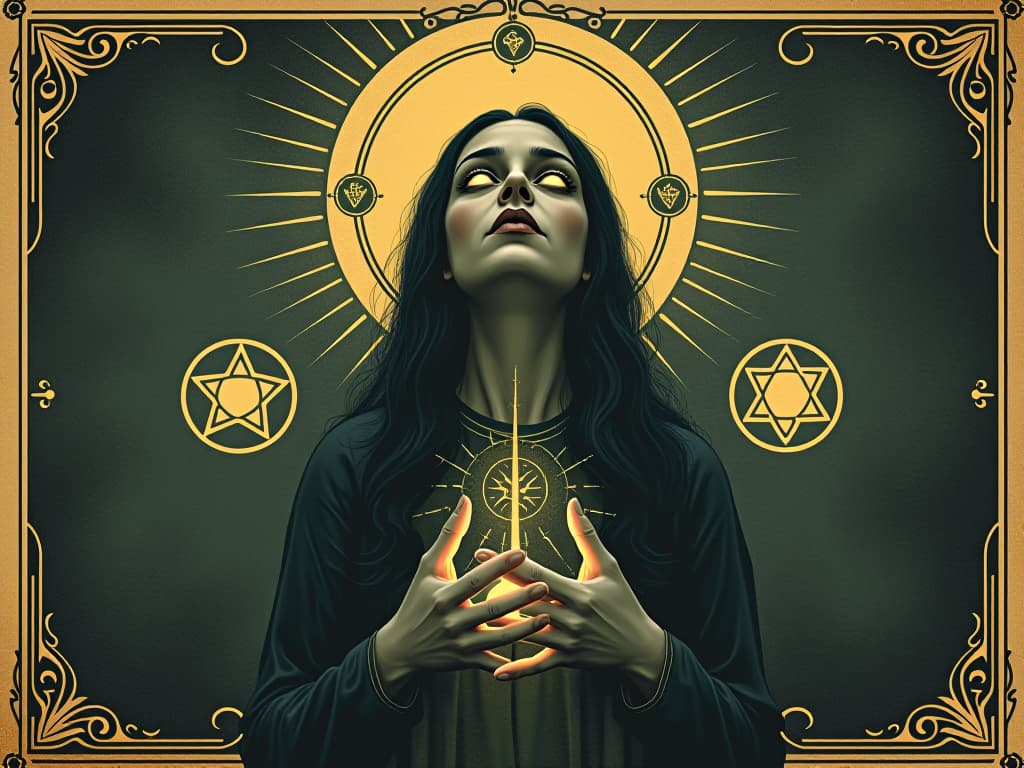  a figure surrounded by glowing protective symbols, eyes wide open in awareness, vigilant expression, ethereal light forming a barrier, guarded, enlightened. an illustration in the style of a worn, mystical old tarot trump card, mysterious and elements of surrealism. the colors are muted, somber and eerie, but with contrast bring out an occult and esoteric vibe.