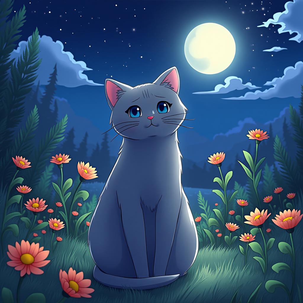  anime artwork a cute grey cat sits in the garden. night, moon in the sky. high detail, clear background, bright colors . anime style, key visual, vibrant, studio anime, highly detailed