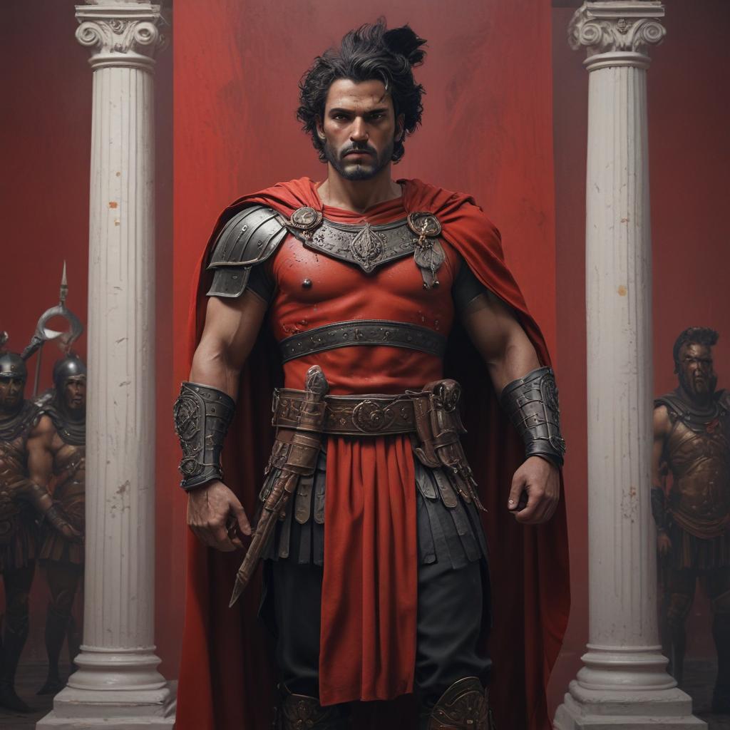 Hector, indomitable commander of the Trojan army, embodying defiance, Hector in full armor standing tall amidst his troops, a symbol of strength and leadership, Trojans rallying behind him with determination, a composition highlighting Hector's heroic presence"in the style of classical Greek pottery art, with intricate black figures on a red background, depicting mythological scenes with a focus on gods and heroes, using a limited color palette of red, black, and white"This image is a breathtaking painting that captures the magical scene with vivid detail. The overall composition is spellbinding, showcasing a perfect harmony. photorealism fantasy, unreal engine 5, concept hyperrealistic, full body, detailed clothing, highly detailed, cinematic lighting, stunningly beautiful, intricate, sharp focus, f/1. 8, 85mm, (centered image composition), (professionally color graded), ((bright soft diffused light)), volumetric fog, trending on instagram, trending on tumblr, HDR 4K, 8K