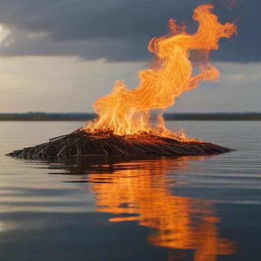 Fire on the water with land and sky in Macro Photography style