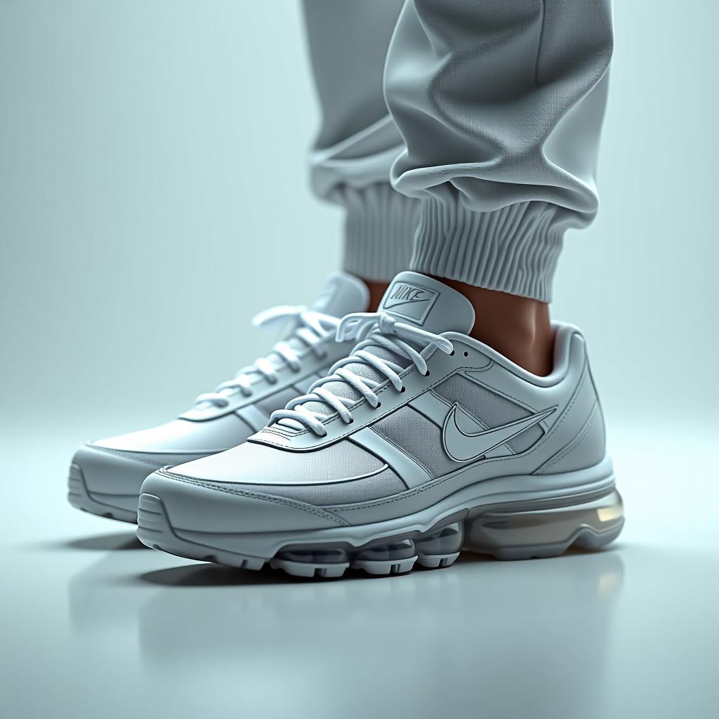  design white nike sneakers hyperrealistic, full body, detailed clothing, highly detailed, cinematic lighting, stunningly beautiful, intricate, sharp focus, f/1. 8, 85mm, (centered image composition), (professionally color graded), ((bright soft diffused light)), volumetric fog, trending on instagram, trending on tumblr, HDR 4K, 8K