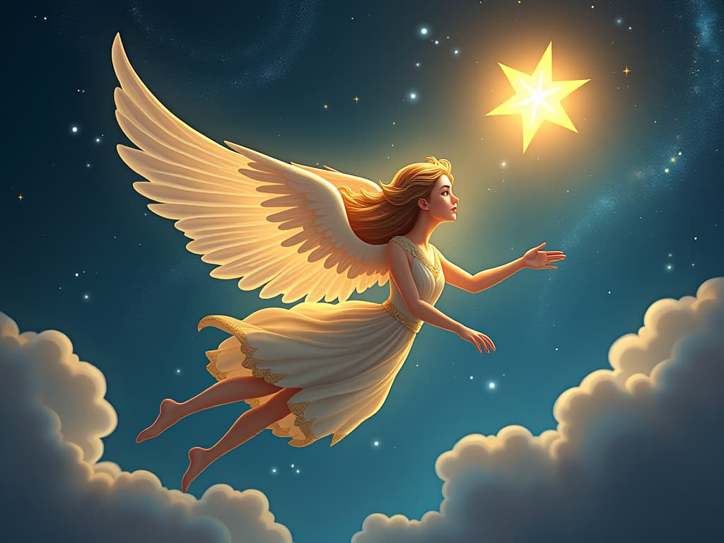  a celestial being gliding through the cosmos, carried by luminous wings, guided by a radiant star. the celestial backdrop filled with swirling galaxies and twinkling stars. majestic, guiding, cosmic.. the style is digital art illustration,highly detailed, whimsical,magical, dreamlike atmosphere, realism and fantasy blend, smooth, glossy textures,luminous quality, wonder and enchantment.