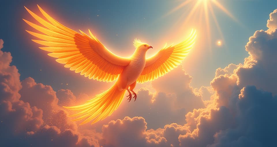  a majestic, glowing phoenix soaring towards the heavens. radiant light beams, vast sky, endless possibilities.. the style is digital art illustration,highly detailed, whimsical,magical, dreamlike atmosphere, realism and fantasy blend, smooth, glossy textures,luminous quality, wonder and enchantment.