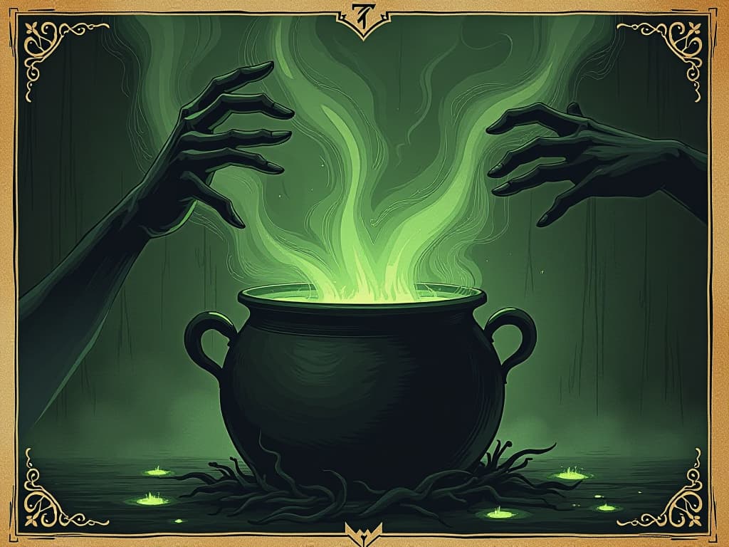  a cauldron boiling with green envy, shadowy hands reaching out, faces of resentment reflected in the swirling steam, sinister. an illustration in the style of a worn, mystical old tarot trump card, mysterious and elements of surrealism. the colors are muted, somber and eerie, but with contrast bring out an occult and esoteric vibe.