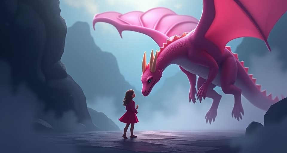  the pink dragon hovering protectively over the chosen one, providing support and guidance, both facing a dark, misty obstacle with determination and calm. the style is digital art illustration,highly detailed, whimsical,magical, dreamlike atmosphere, realism and fantasy blend, smooth, glossy textures,luminous quality, wonder and enchantment.