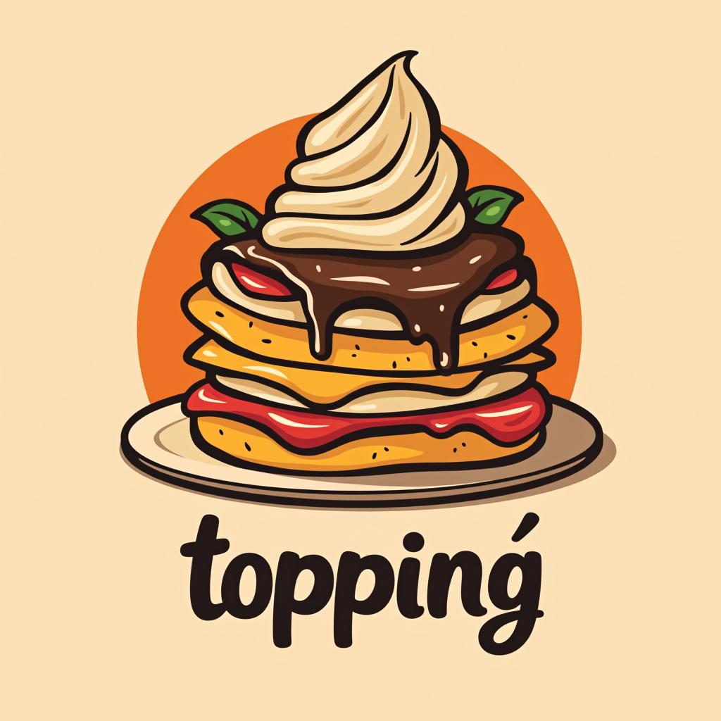  design a logo, combinación de toppings con crepa y hot cakes y cubiertos , with the text 'topping '.