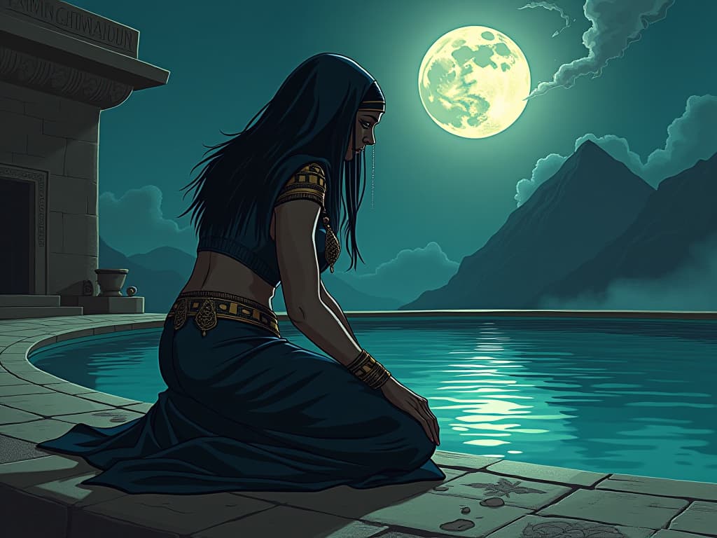  a large busted egyptian woman in tight robes, tears streaming down her face, kneeling by a sacred pool under a full moon, the waters reflecting the emotional purging. the style is digital art illustration / modern comic book / mysterious occult, symbolic, esoteric vibe,high detail on character design, incorporating ancient egyptian symbology and attire.